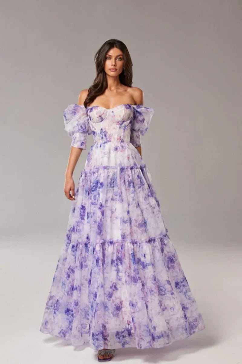 Romantic A-line Off-Shoulder Puff Sleeve Flowy Floral Pink Maxi Prom Dress Buy