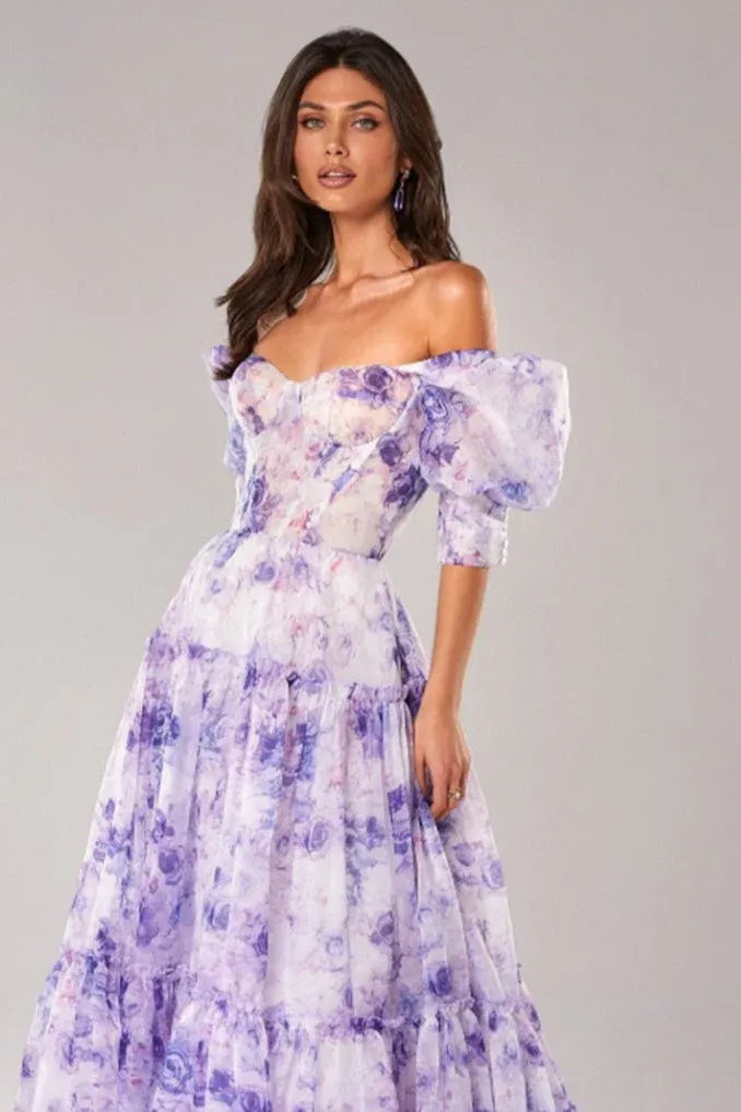 Romantic A-line Off-Shoulder Puff Sleeve Flowy Floral Pink Maxi Prom Dress Buy