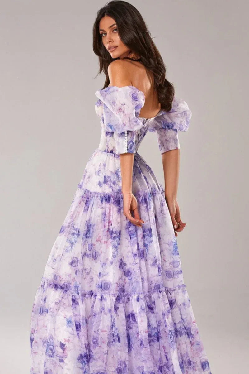Romantic A-line Off-Shoulder Puff Sleeve Flowy Floral Pink Maxi Prom Dress Buy