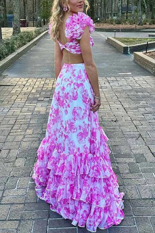 Romantic A-line Puff Sleeve Printed V-neck High Waist Ruffled Slit Ball Gown