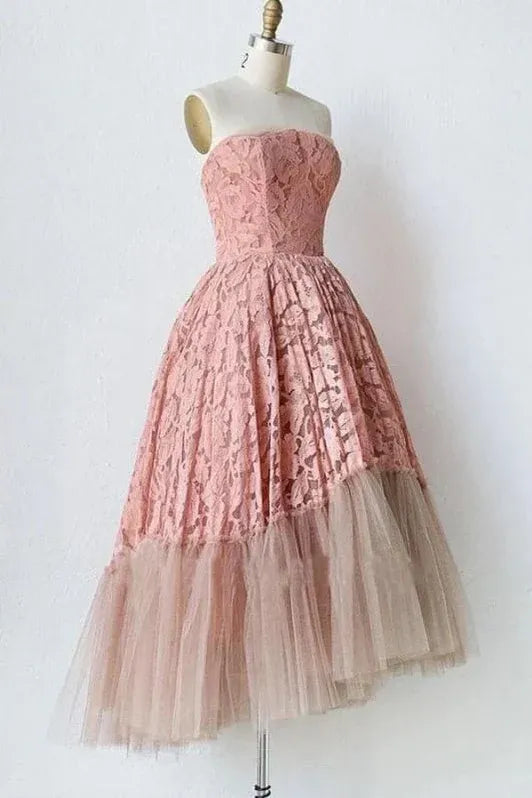 Romantic A-line Strapless Floral Lace Pink Midi Homecoming Dress With Tulle Hem