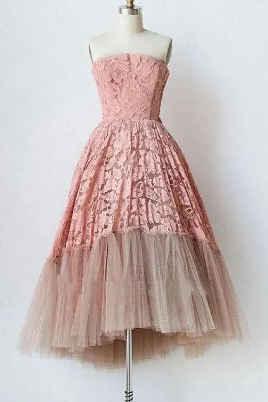 Romantic A-line Strapless Floral Lace Pink Midi Homecoming Dress With Tulle Hem