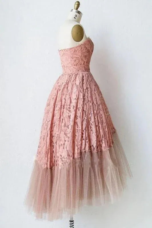 Romantic A-line Strapless Floral Lace Pink Midi Homecoming Dress With Tulle Hem
