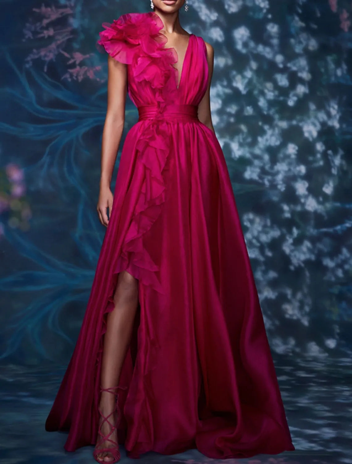 Romantic A-line V-Neck Sleeveless Ruffled Fuchsia Floor-Length Prom Dress For Women With Slit