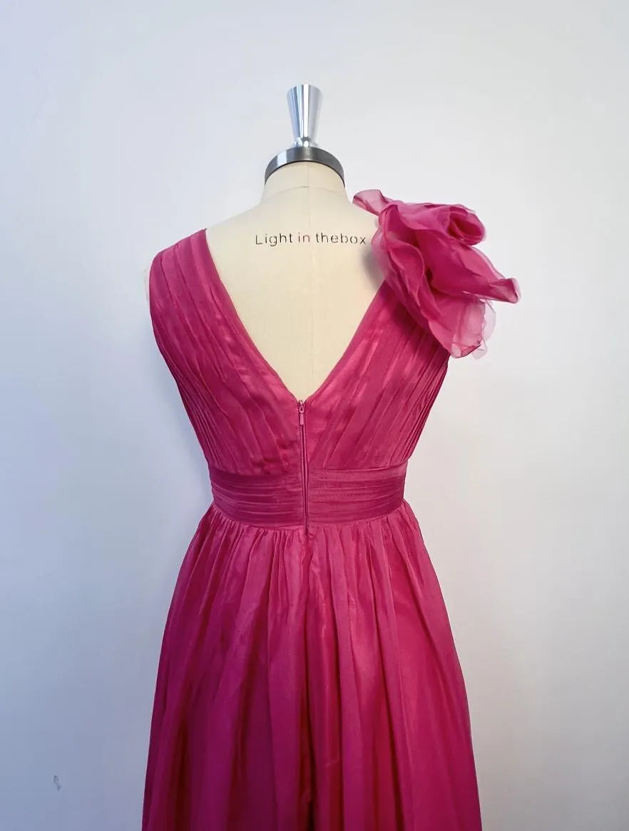Romantic A-line V-Neck Sleeveless Ruffled Fuchsia Floor-Length Prom Dress For Women With Slit