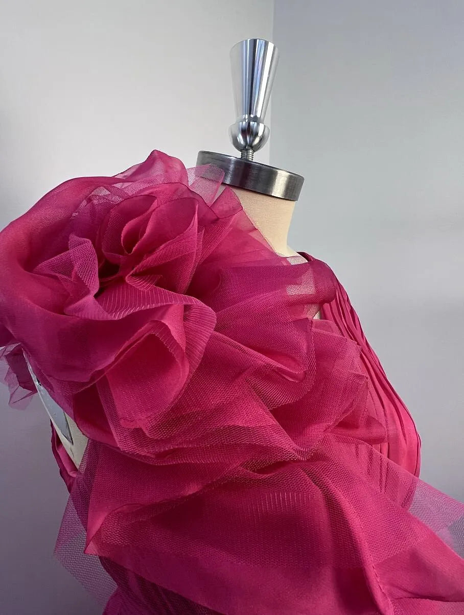 Romantic A-line V-Neck Sleeveless Ruffled Fuchsia Floor-Length Prom Dress For Women With Slit