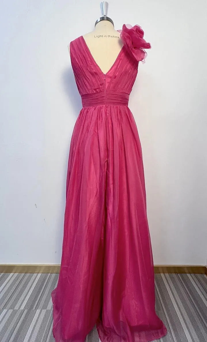 Romantic A-line V-Neck Sleeveless Ruffled Fuchsia Floor-Length Prom Dress For Women With Slit
