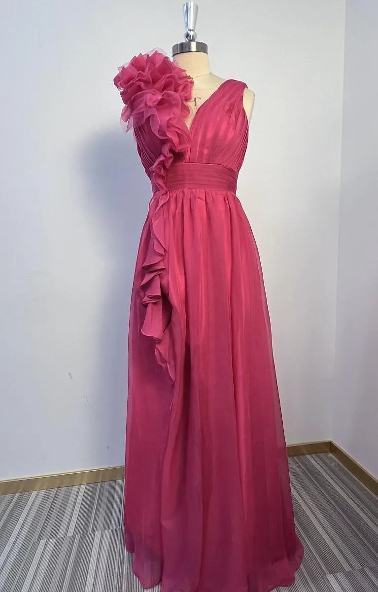Romantic A-line V-Neck Sleeveless Ruffled Fuchsia Floor-Length Prom Dress For Women With Slit