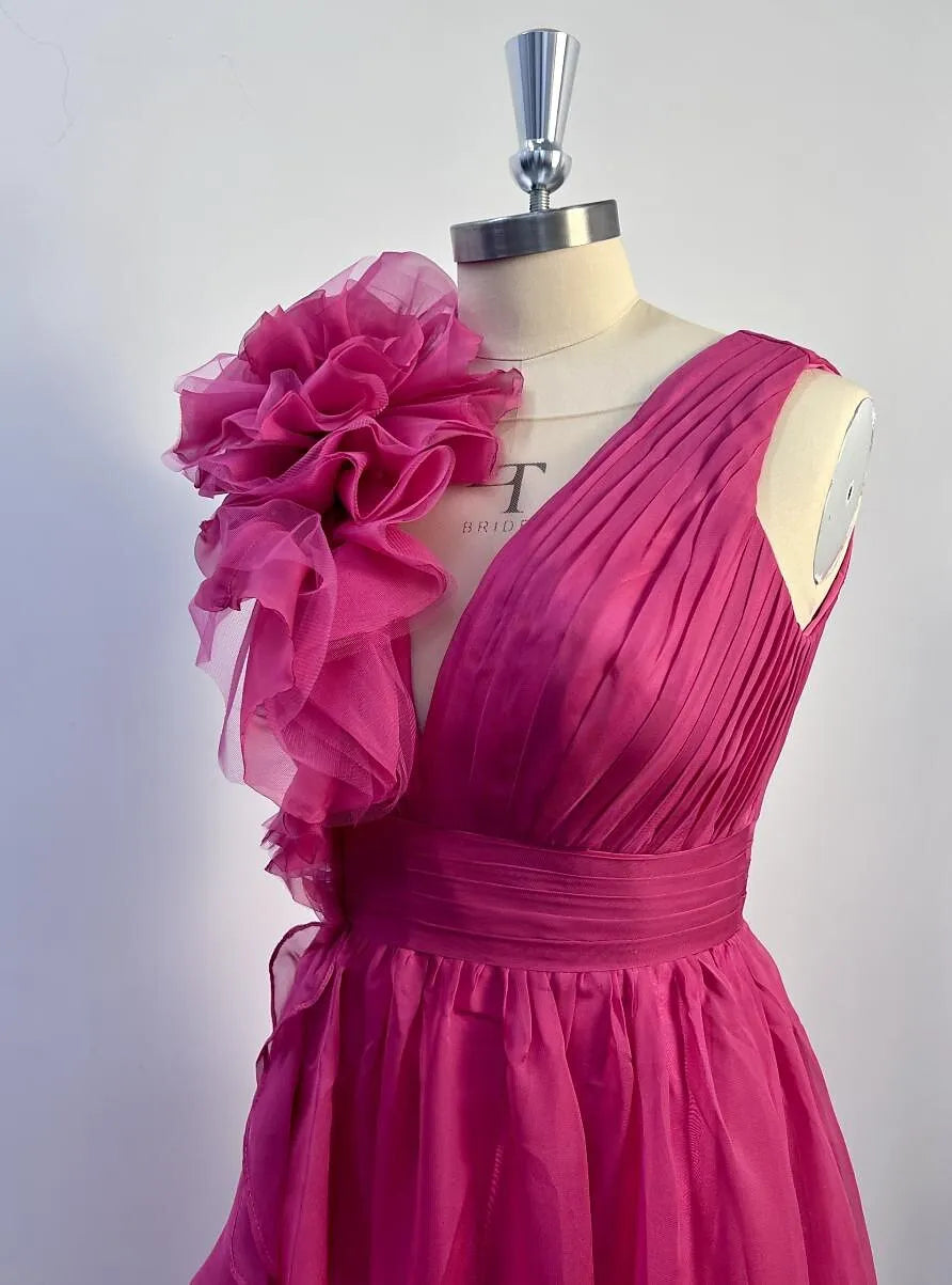 Romantic A-line V-Neck Sleeveless Ruffled Fuchsia Floor-Length Prom Dress For Women With Slit