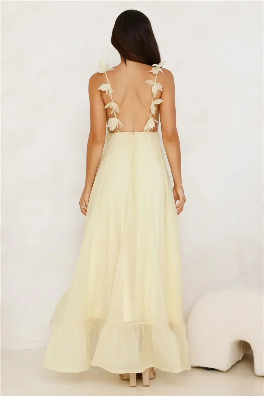 Romantic A-line V-neck Floral Strap Yellow High Low Prom Dress Ready To Ship