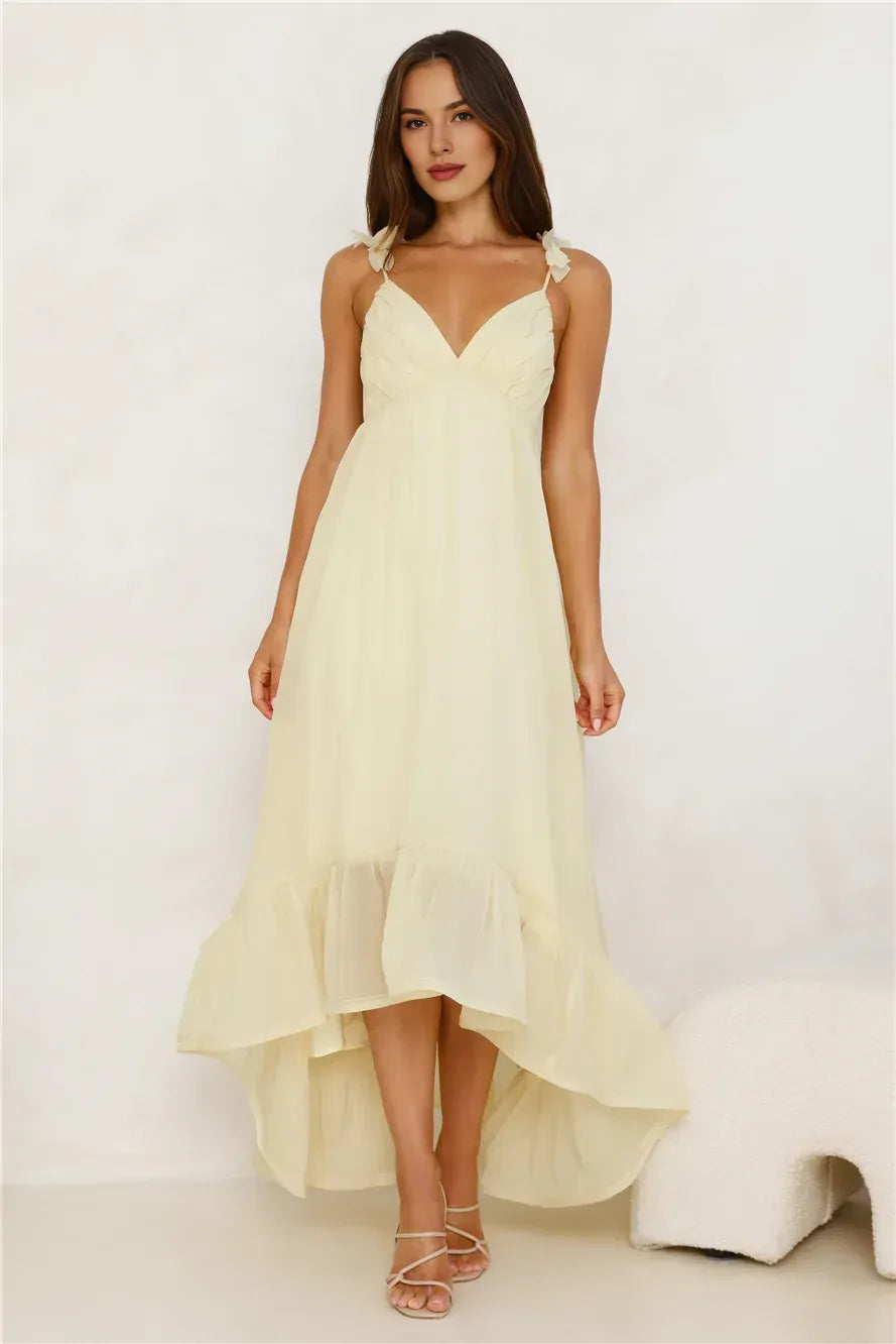 Romantic A-line V-neck Floral Strap Yellow High Low Prom Dress Ready To Ship