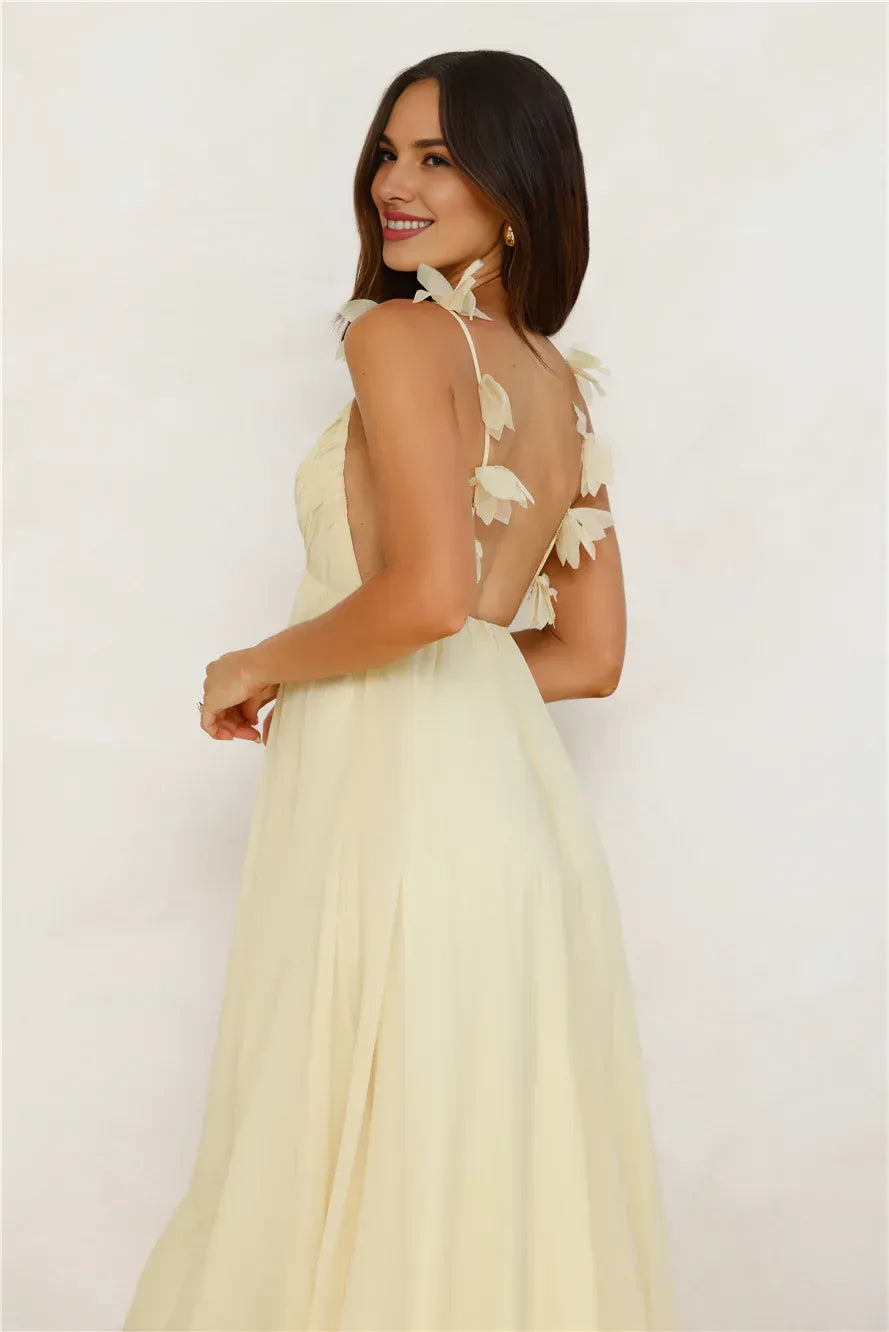 Romantic A-line V-neck Floral Strap Yellow High Low Prom Dress Ready To Ship