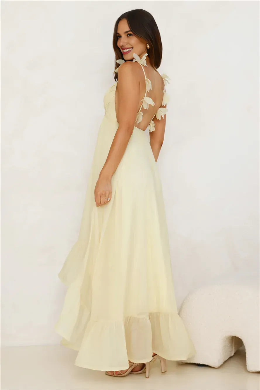 Romantic A-line V-neck Floral Strap Yellow High Low Prom Dress Ready To Ship