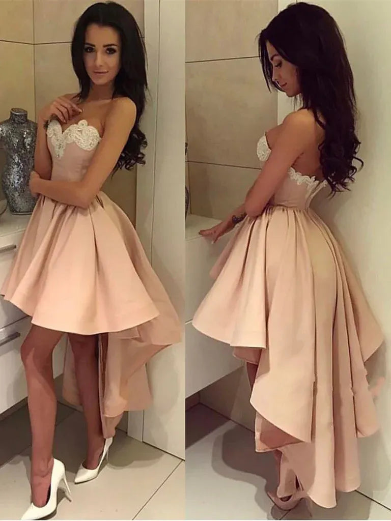 Romantic A Line Strapless Lace Applique Satin High Low Prom Dress