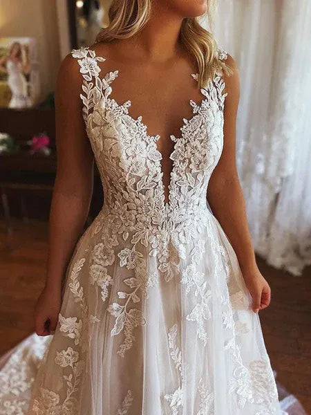 Romantic A Line V Neck Backless Floral Lace Tulle White Prom Dress With Train