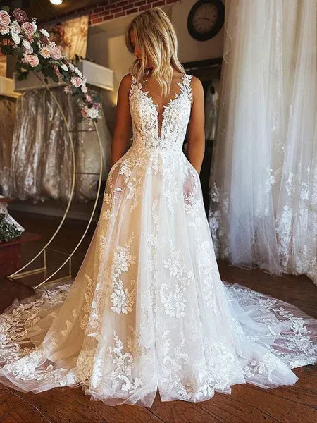 Romantic A Line V Neck Backless Floral Lace Tulle White Prom Dress With Train