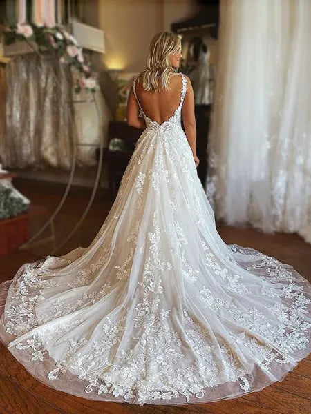 Romantic A Line V Neck Backless Floral Lace Tulle White Prom Dress With Train