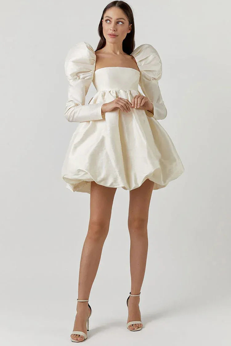 Romantic Babydoll Square Neck Puff Sleeve Ivory Mini Homecoming Dress With Bubble Hem