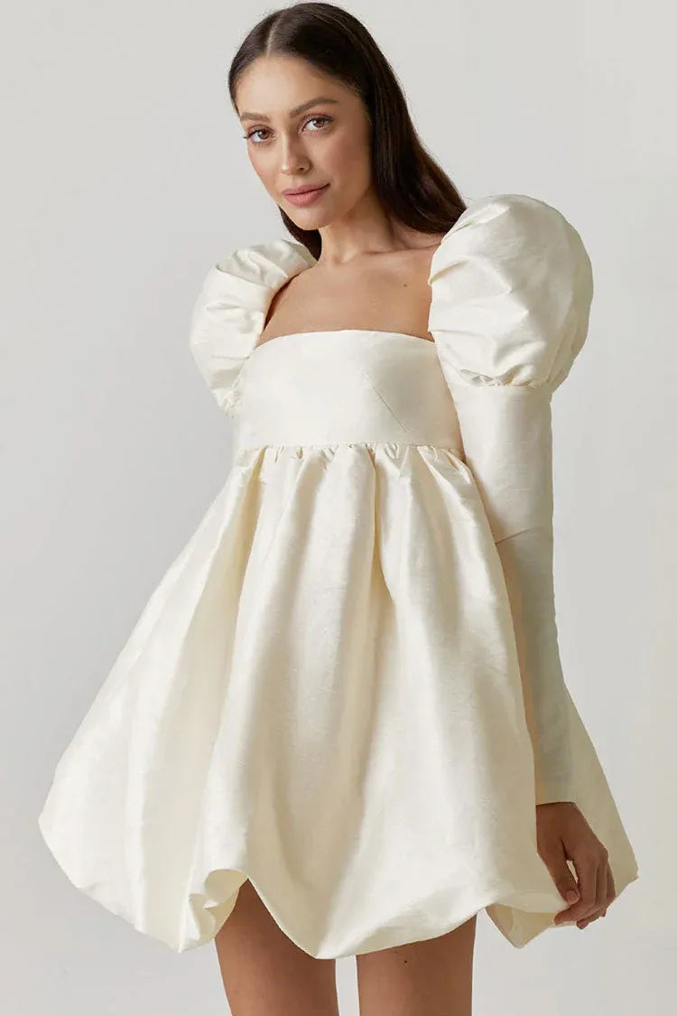 Romantic Babydoll Square Neck Puff Sleeve Ivory Mini Homecoming Dress With Bubble Hem