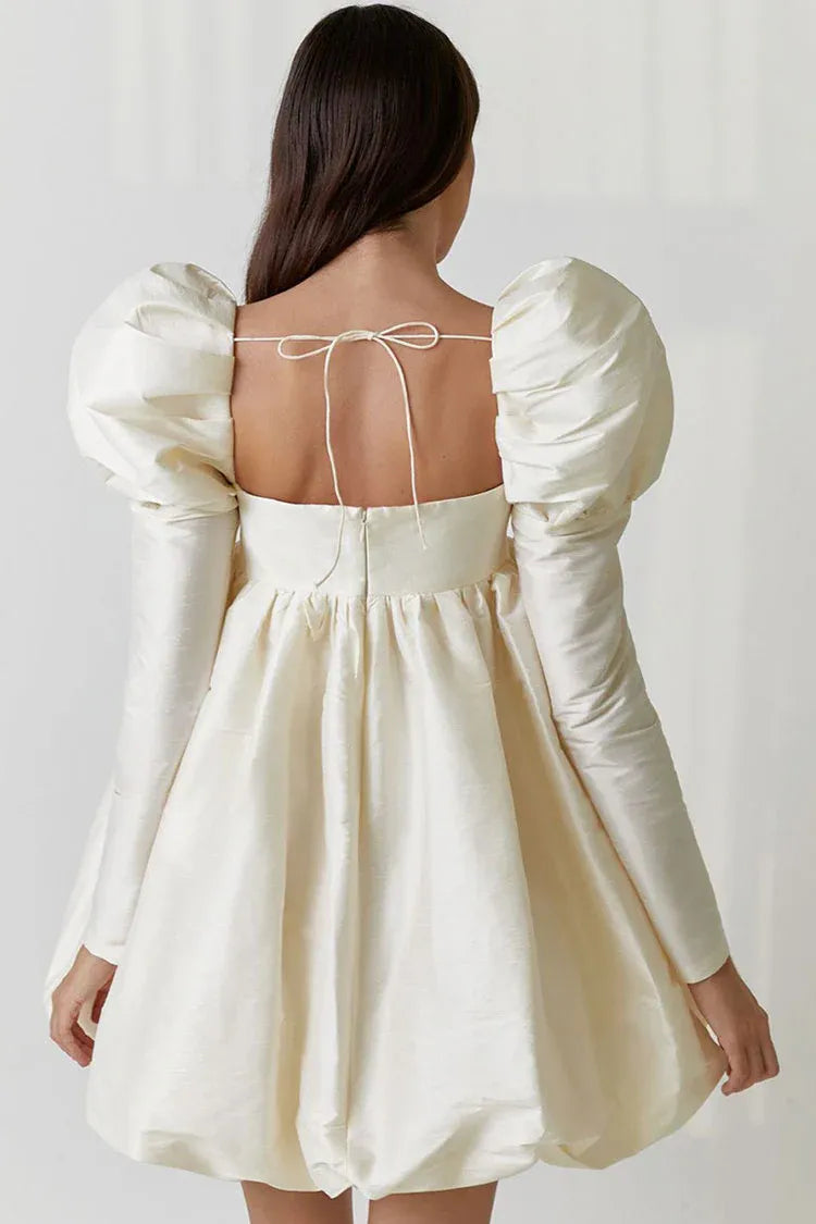 Romantic Babydoll Square Neck Puff Sleeve Ivory Mini Homecoming Dress With Bubble Hem