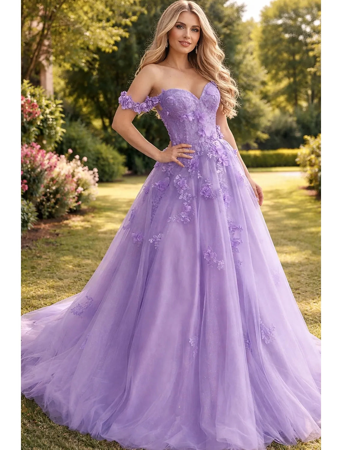 Romantic Ball Gown Off Shoulder 3D Floral Applique Lavender Train Evening Dress For Sale