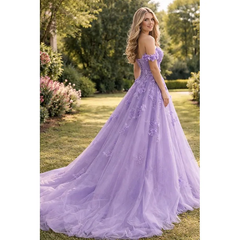 Romantic Ball Gown Off Shoulder 3D Floral Applique Lavender Train Evening Dress For Sale