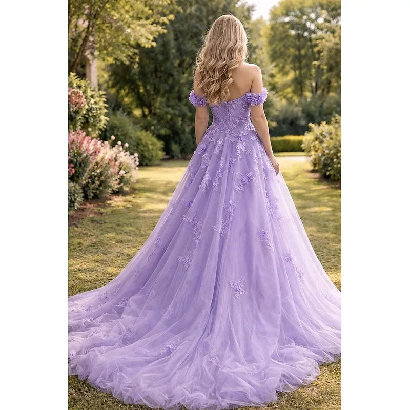 Romantic Ball Gown Off Shoulder 3D Floral Applique Lavender Train Evening Dress For Sale