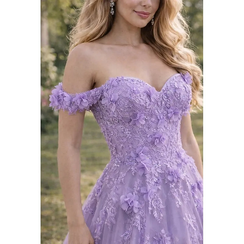 Romantic Ball Gown Off Shoulder 3D Floral Applique Lavender Train Evening Dress For Sale