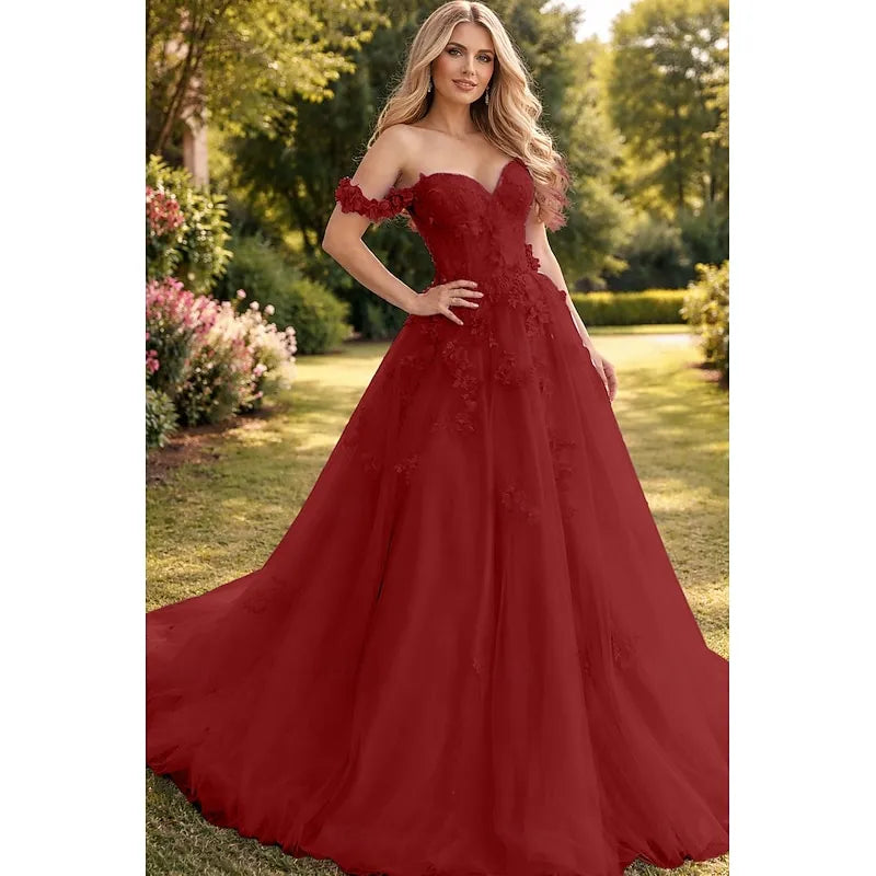 Romantic Ball Gown Off Shoulder 3D Floral Applique Lavender Train Evening Dress For Sale