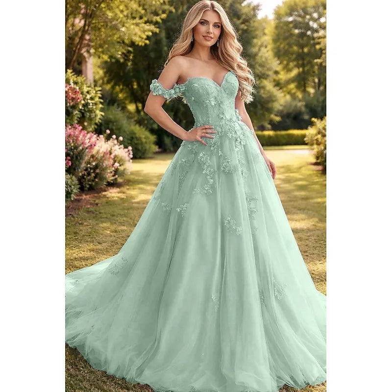 Romantic Ball Gown Off Shoulder 3D Floral Applique Lavender Train Evening Dress For Sale
