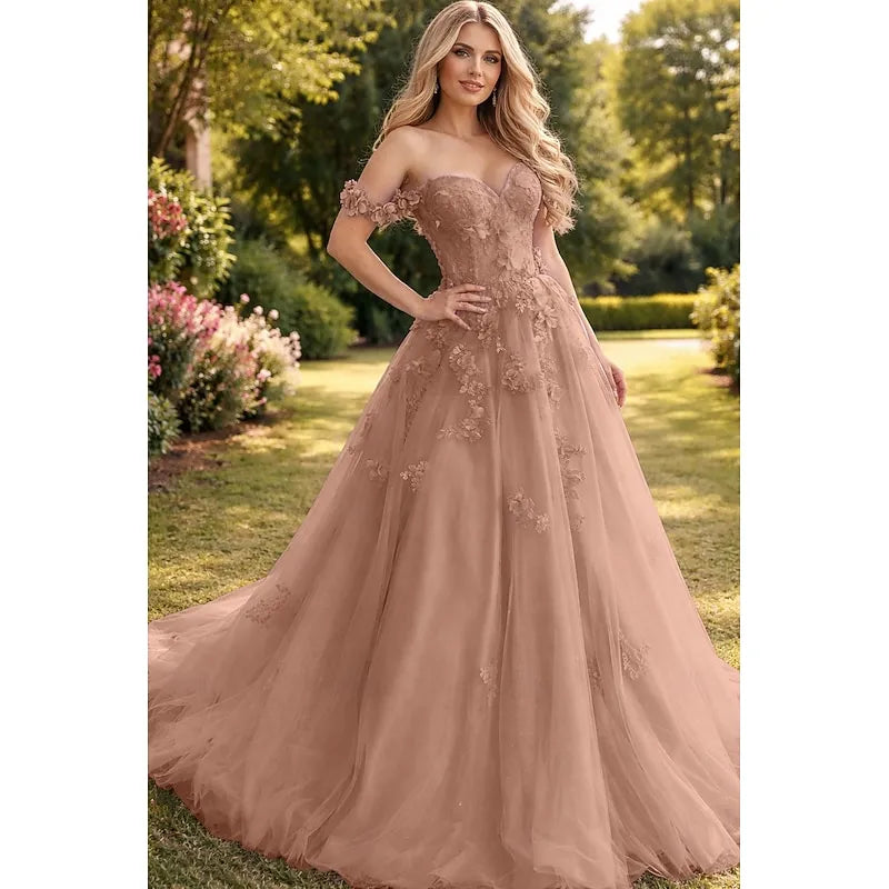 Romantic Ball Gown Off Shoulder 3D Floral Applique Lavender Train Evening Dress For Sale