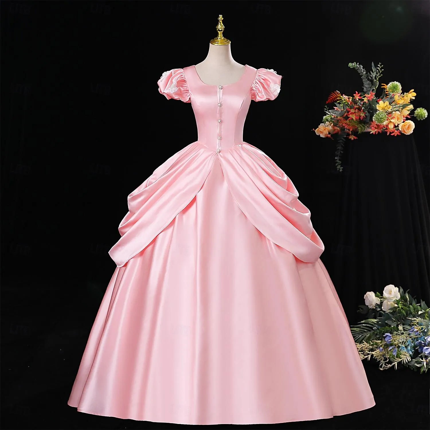 Romantic Ball Gown Puff Sleeve Quinceanera Dress Lace-Up Pink Evening Dress