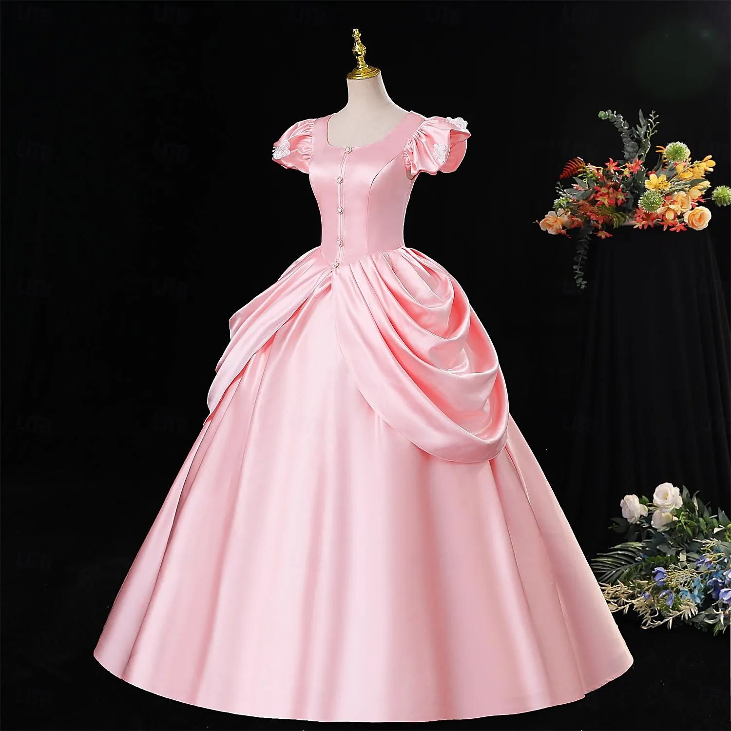 Romantic Ball Gown Puff Sleeve Quinceanera Dress Lace-Up Pink Evening Dress