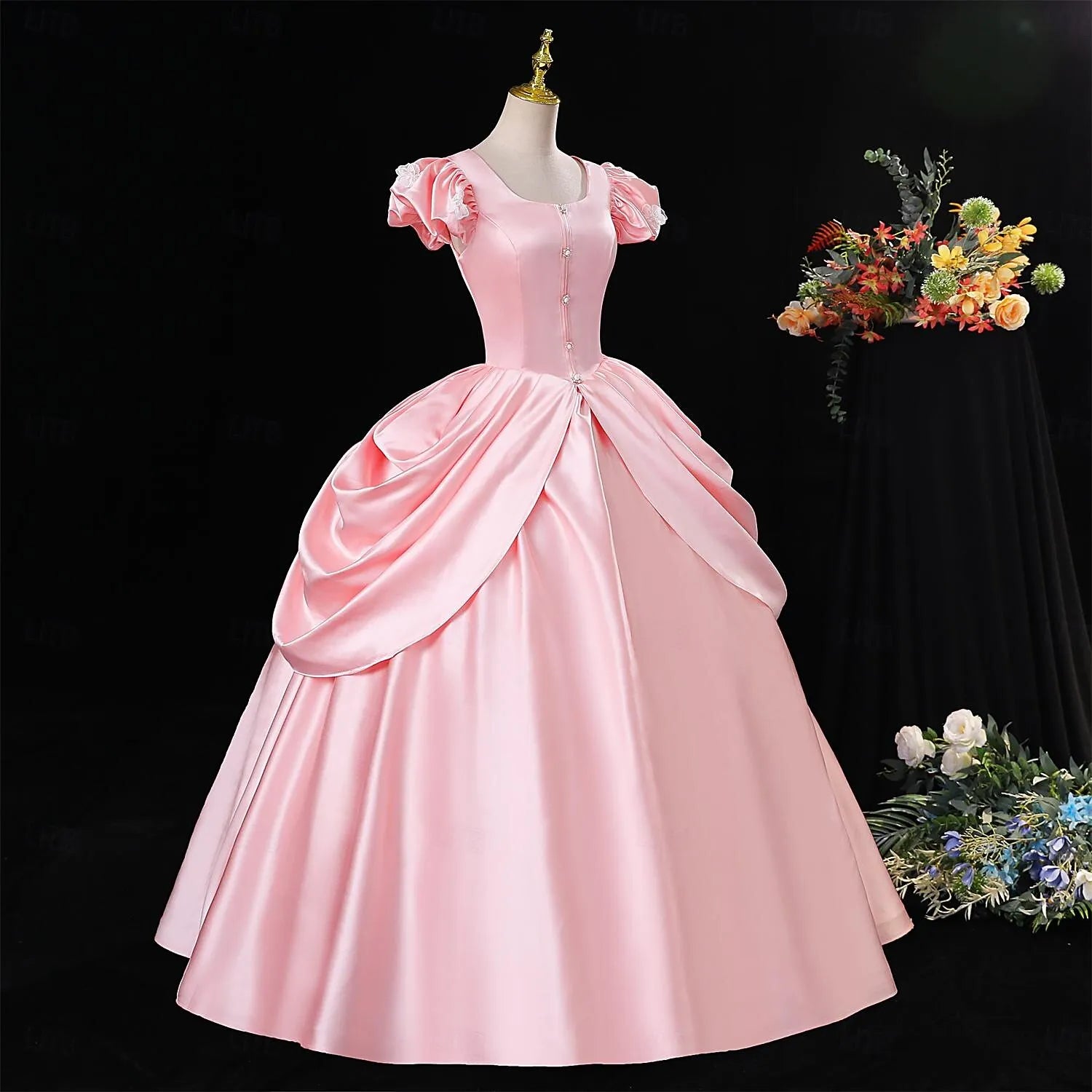 Romantic Ball Gown Puff Sleeve Quinceanera Dress Lace-Up Pink Evening Dress