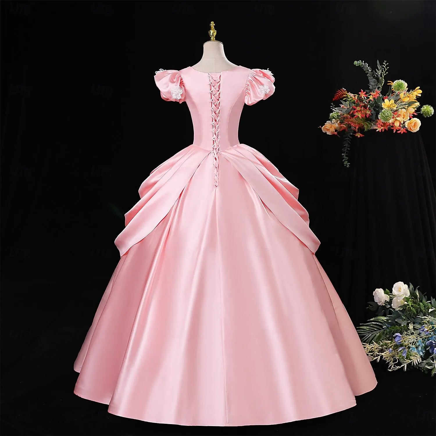Romantic Ball Gown Puff Sleeve Quinceanera Dress Lace-Up Pink Evening Dress