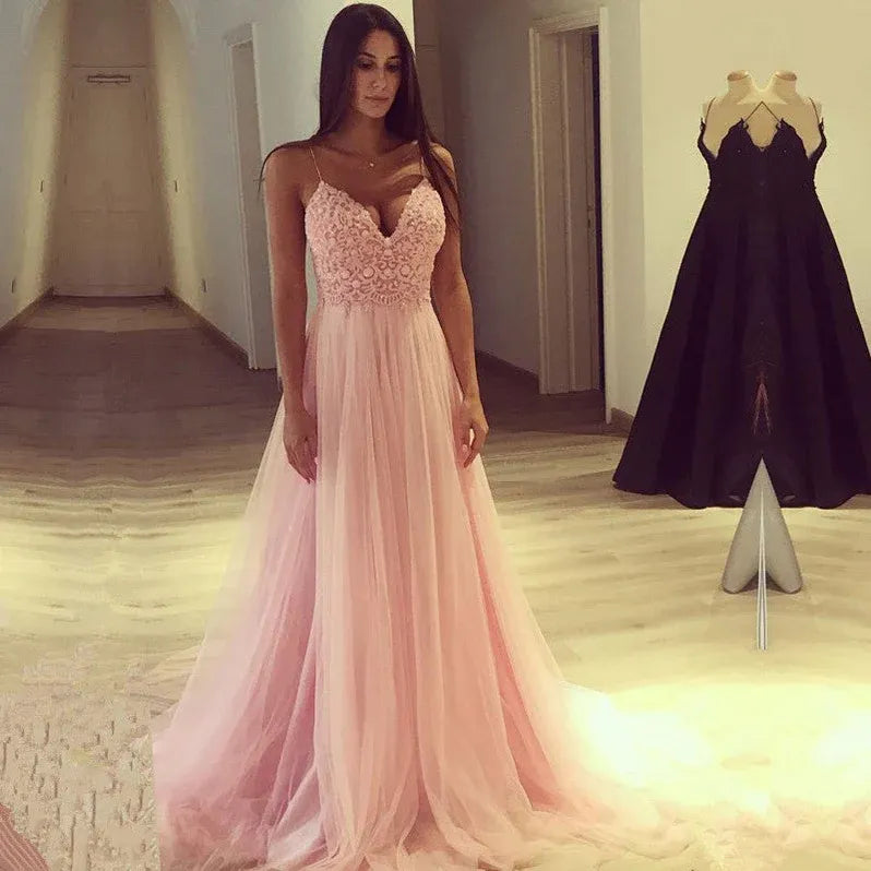 Romantic Ball Gown Spaghetti Straps Lace Blush Floor Prom Dress Handmade