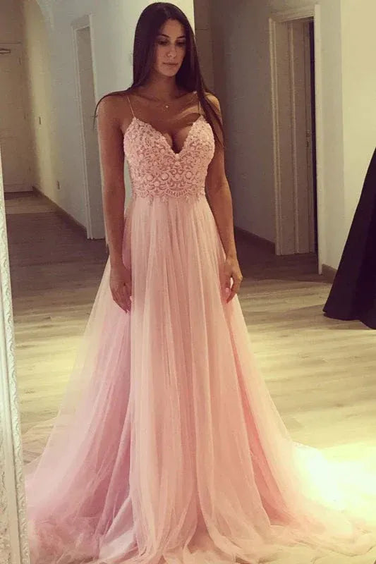 Romantic Ball Gown Spaghetti Straps Lace Blush Floor Prom Dress Handmade