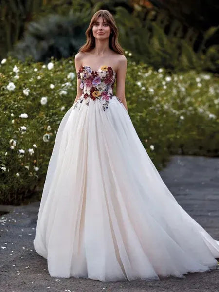 Romantic Ball Gown Sweetheart 3D Flowers Ivory Train Prom Dress Hot Sale