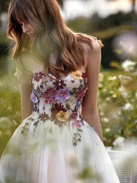 Romantic Ball Gown Sweetheart 3D Flowers Ivory Train Prom Dress Hot Sale