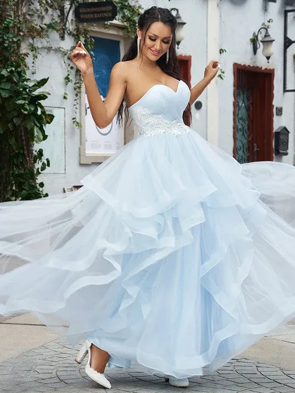 Romantic Ball Gown Sweetheart Lace Ruffle Sky Blue Floor Prom Dress Custom