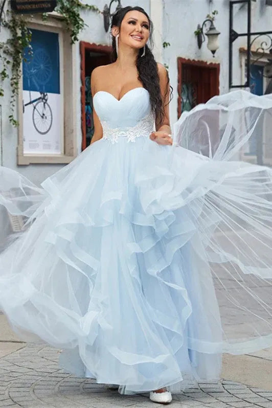 Romantic Ball Gown Sweetheart Lace Ruffle Sky Blue Floor Prom Dress Custom