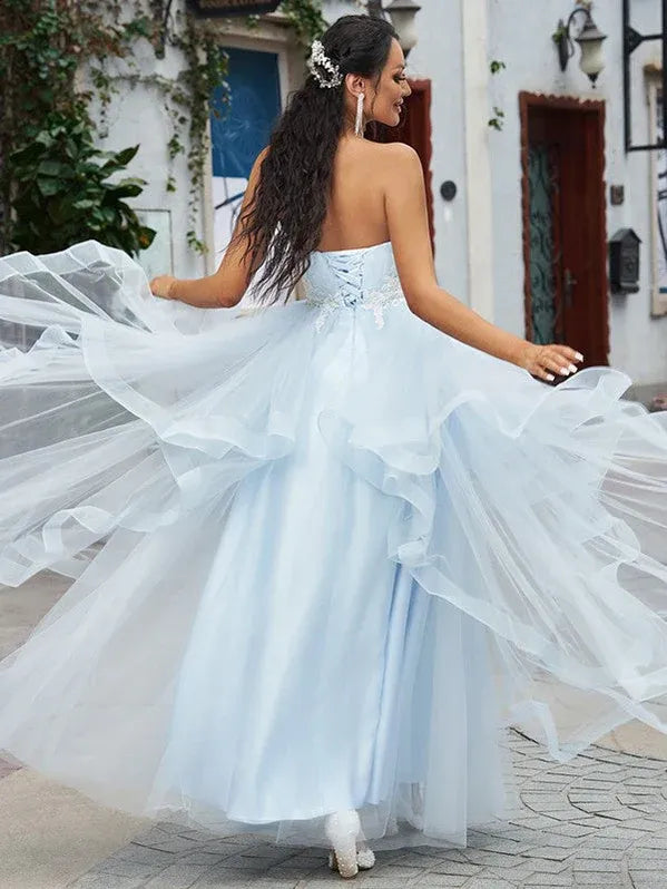 Romantic Ball Gown Sweetheart Lace Ruffle Sky Blue Floor Prom Dress Custom