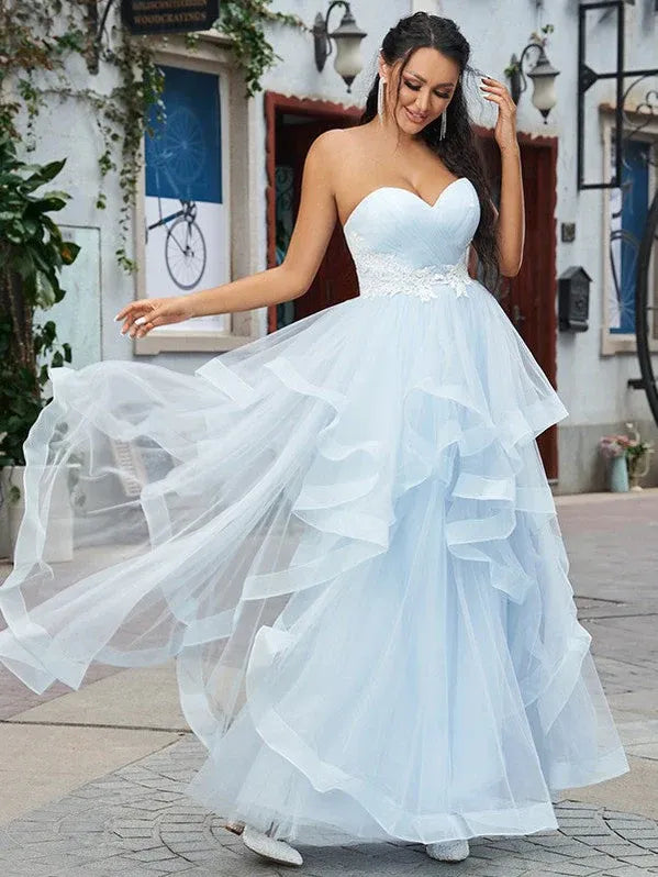 Romantic Ball Gown Sweetheart Lace Ruffle Sky Blue Floor Prom Dress Custom