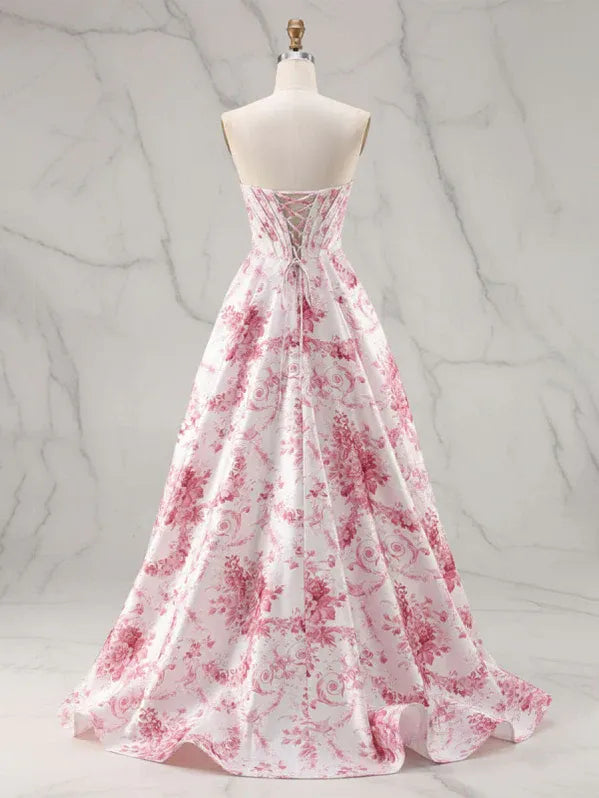 Romantic Ballgown Sweetheart Sleeveless Floral Print Pink Floor-Length Prom Dress For Women Ready To Ship
