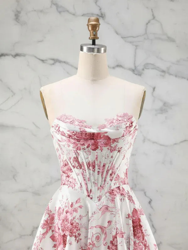 Romantic Ballgown Sweetheart Sleeveless Floral Print Pink Floor-Length Prom Dress For Women Ready To Ship