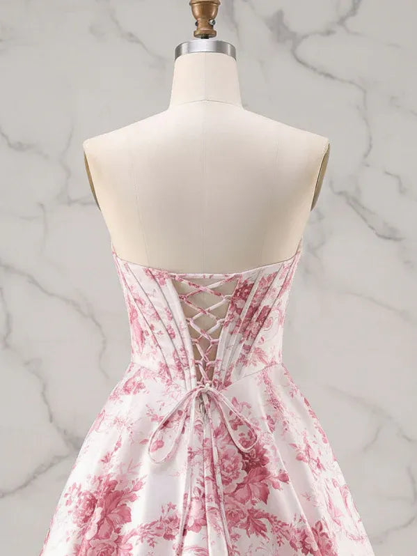 Romantic Ballgown Sweetheart Sleeveless Floral Print Pink Floor-Length Prom Dress For Women Ready To Ship