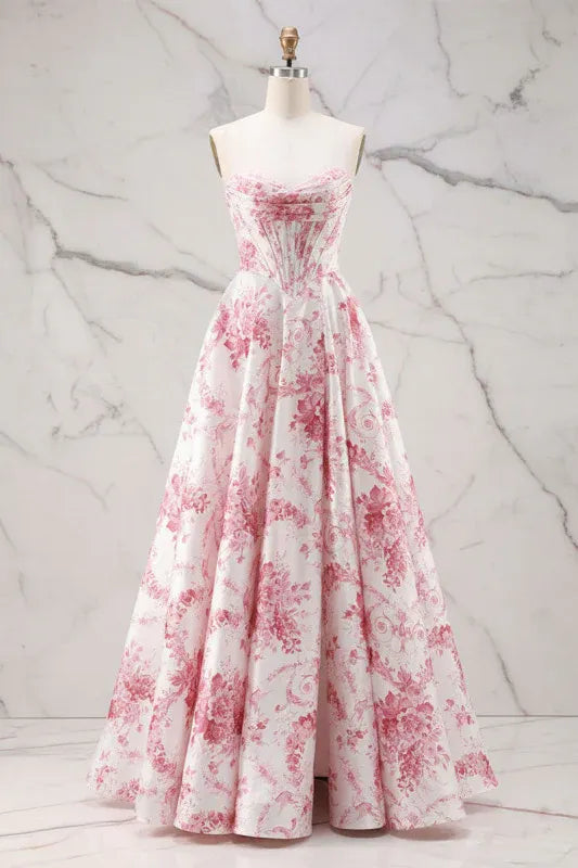 Romantic Ballgown Sweetheart Sleeveless Floral Print Pink Floor-Length Prom Dress For Women Ready To Ship