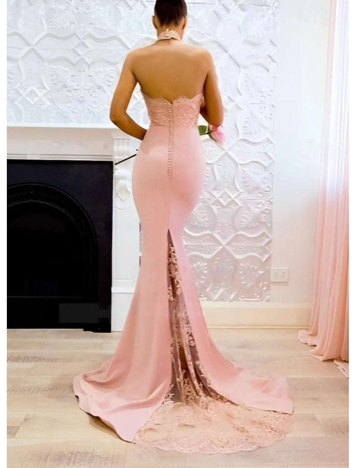 Romantic Mermaid Halter Lace Blush Pink Evening Dress With Court Train