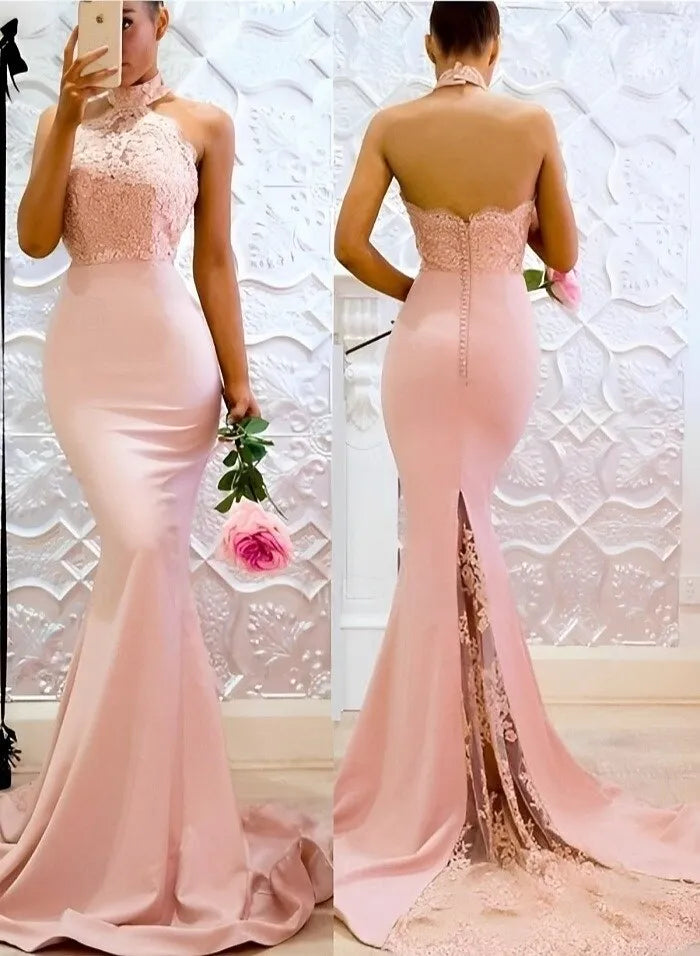 Romantic Mermaid Halter Lace Blush Pink Evening Dress With Court Train