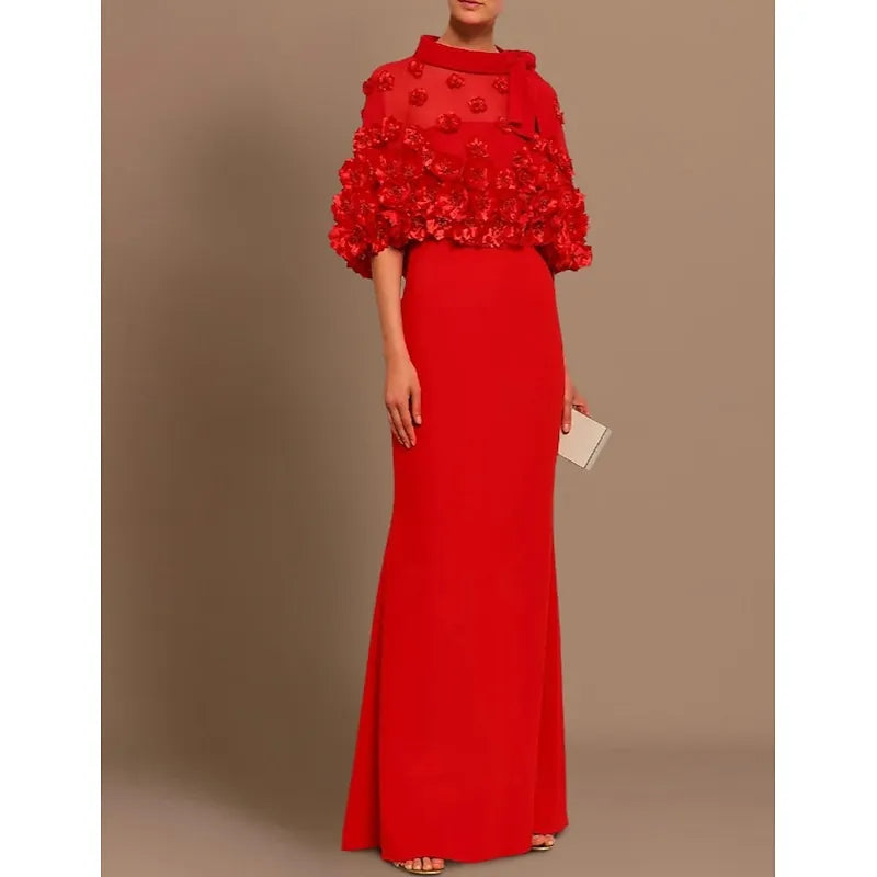 Romantic Mermaid High-Neck 3/4 Sleeve Floral Appliqué Red Floor-Length Evening Dress For Women Ready To Ship